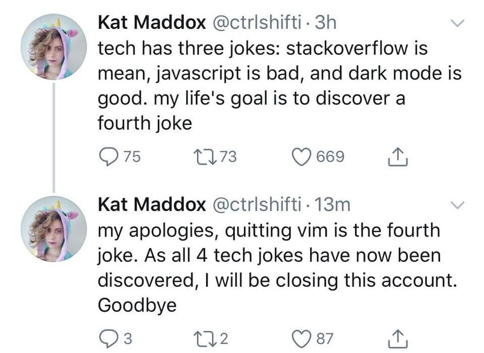 
❓Could we find a fifth joke❓

#programmingjoke #code #coding #javascript #python #datascience #programming #programmer #joke #webdev #webdevelopment #php #java #linux #css #programmingmemes #codinglife #codingpics #programmingjokes #android #html #ios #wordpress