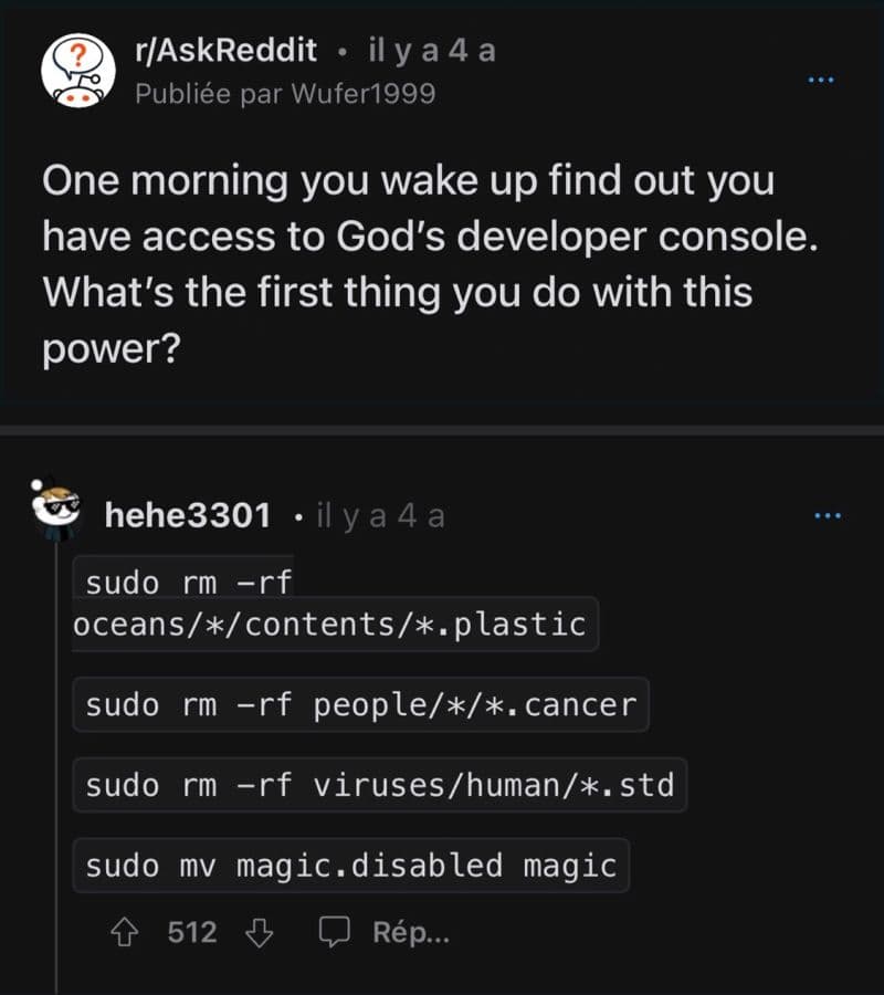 🤔 What yould you do? 

🦹 « One morning you wake up find out you have access to God’s developer console. What’s the first thing you do with this power? »